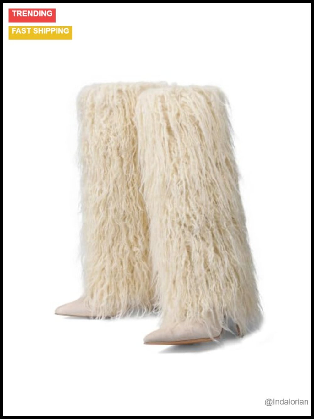 Faux Fur Fold Over Knee High Wide Calf Boots Pointed Toe Stiletto Heel Women